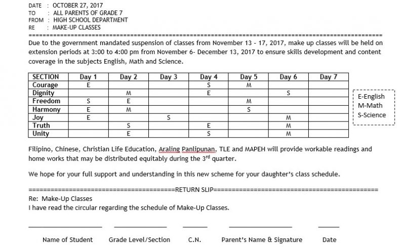 Schedule of Extension Classes for JHS